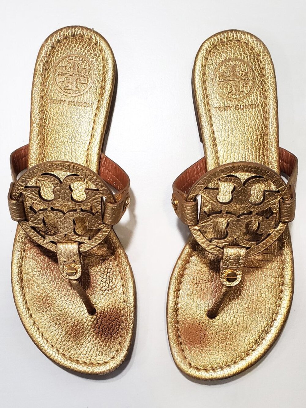 Tory Burch Metallic Gold Leather Logo Thong Sandals